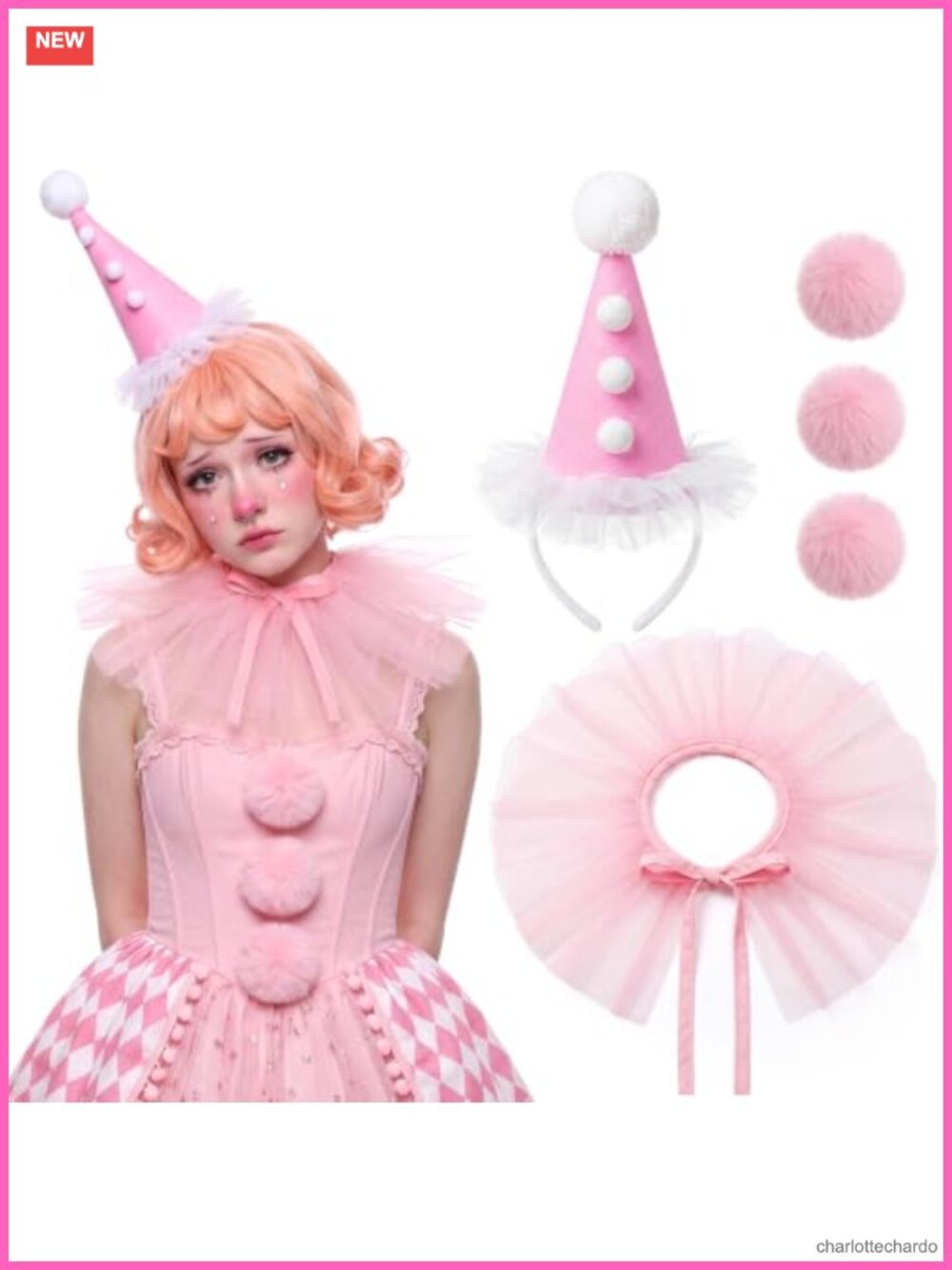 Clown Costume Accessory Set 5 Pc Felt Mesh Faux Fur Jester Hat Collar Pom Poms